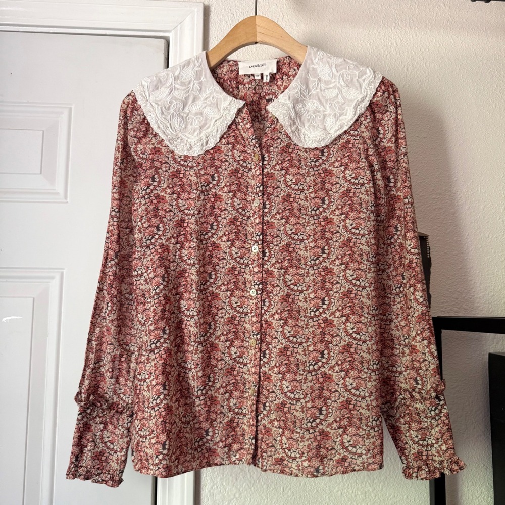 BA&SH pink white floral lace Peter Pan prairie cottage button up blouse top